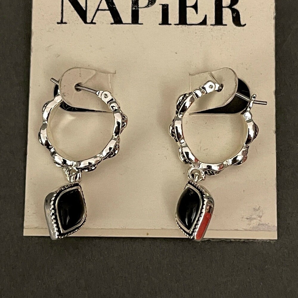Napier Silver-tone Black Stone Women's Fashion Hoop Dangling Earrings NWT‎